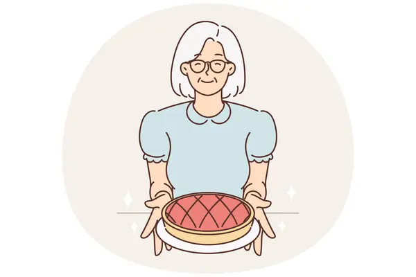 Улыбающаяся Старшая Бабушка Очках Держит Домашний Пирог Руках Счастливая Зрелая — стоковый вектор