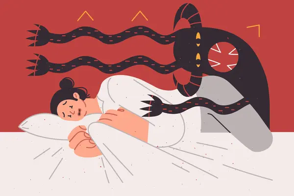 Nightmare Frightened Woman Lying Bed Feeling Attack Multi Armed Monster — Stock Vector