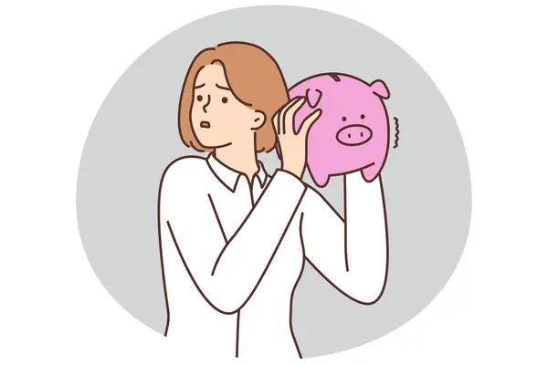 Distressed Young Woman Hold Piggy Bank Stressed Financial Expenses Expenditures — Stock Vector