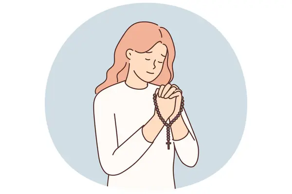Religiös Kvinna Med Radband Händerna Ber Lugn Kvinnlig Troende Till — Stock vektor