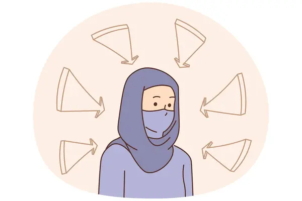 Mujer Musulmana Joven Infeliz Hiyab Con Flechas Apuntándola Mujer Árabe — Archivo Imágenes Vectoriales