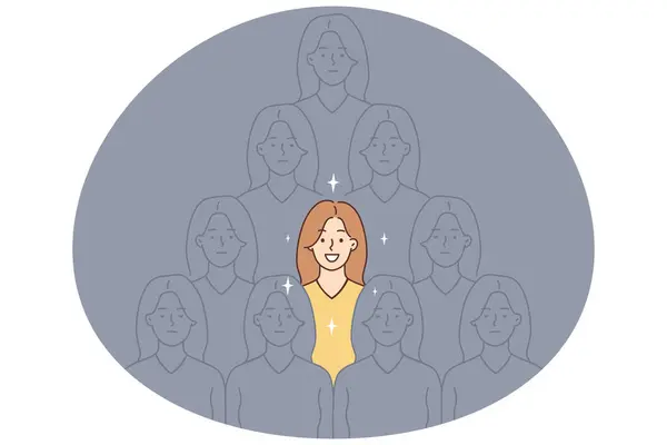 Smiling Young Woman Stand Out Grey Crowd Unknown Faces Confident — Stock Vector