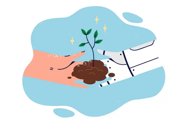 Robô Pessoa Plantam Árvores Juntos Para Salvar Meio Ambiente Ajudar Ilustrações De Bancos De Imagens Sem Royalties