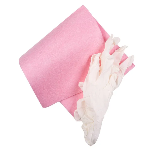 Różowa Tkanina Flanelowa Której Spoczywają Ochronne Gumowe Rękawice — Zdjęcie stockowe