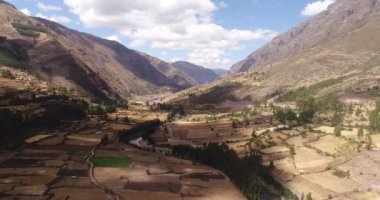 Aerial view of the sacred Valley of the Incas, in Cusco Peru. Peruvian rural country side in the Andes.