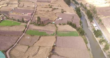 Aerial view of the sacred Valley of the Incas, in Cusco Peru. Peruvian rural country side in the Andes.
