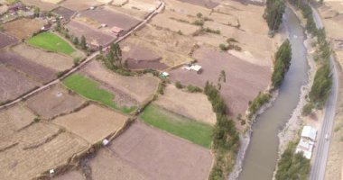 Aerial view of the sacred Valley of the Incas, in Cusco Peru. Peruvian rural country side in the Andes.
