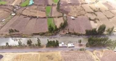 Aerial view of the sacred Valley of the Incas, in Cusco Peru. Peruvian rural country side in the Andes.