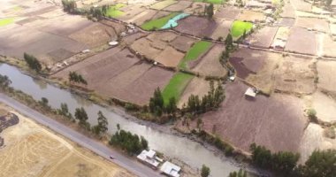 Aerial view of the sacred Valley of the Incas, in Cusco Peru. Peruvian rural country side in the Andes.