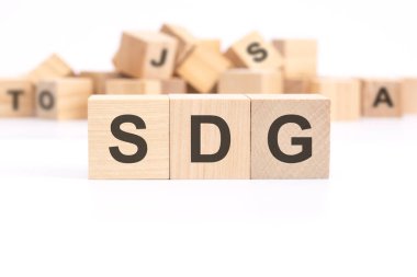 text SDG - Sürdürülebilir Kalkınma Hedefleri - beyaz arkaplanda tahta küplere yazılmış