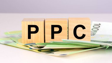 PPC - Pay Per Click 'in kısaltması. Avro banknotları olan tahta küplerle ilgili bir yazı. ön görünüm