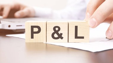 Tahta bloklar, beyaz masa arka planında P ve L harfleri - kar ve zarar -. finansal, pazarlama ve iş kavramları