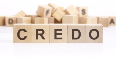 Tahta küplerden ve beyaz arkaplandaki farklı kelimelerden oluşan CREDO metni.