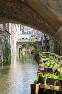 Hollanda, 2023. Hollanda 'da güneşli bir yaz gününde tipik bir Hollanda sokak kanalı..