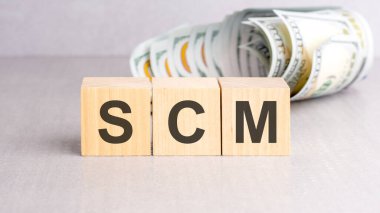 Tahta küplerle ilgili kelime SCM, gri arka plan, iş konsepti