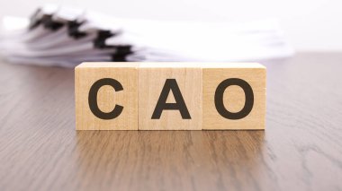 Ahşap küpler üzerinde ahşap masa üzerinde CAO harfleri. CAO - Kısaltma Muhasebe Şefi