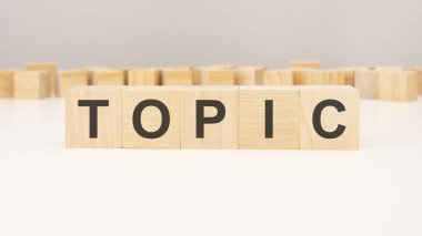 Tahta bloklardan ve gri arkaplandaki farklı tahta bloklardan oluşan TOPIC metni