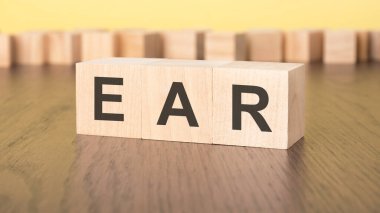 Kahverengi arkaplanda EAR yazılı üç tahta küp. İhracat İdaresi Yönetmeliği 'nin kısaltması. güçlü iş konsepti