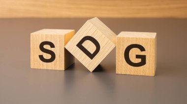 Kahverengi arka planda 'SDG' içeren tahta küpler sürdürülebilir Kalkınma Hedeflerine bağlılığı sembolize eder, sürdürülebilir ve kapsayıcı bir gelecek için küresel çabaları teşvik eder.