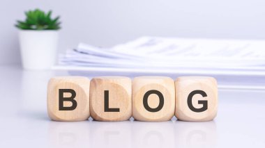 Açık gri bir masada, arka planda bir saksıda bitkiyle birlikte BLOG yazılı tahta bloklar. iş kavramı