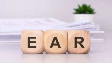 Ofis masasının üzerinde 'EAR' yazan tahta küpler, arka planda beyaz bir kağıt döküman, EAR - İhracat İdaresi Düzenlemesi 'nin kısaltması