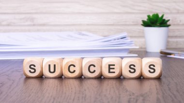 'SUCCESS' kelimesinin yer aldığı tahta bloklar bir başarıyı, başarıyı ya da zaferi simgeliyor..