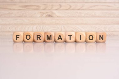 Gri bir arkaplan karşısında 'Formasyon' sözcüğünü oluşturan tahta bloklar finansal bir kuruluş veya organizasyonla ilgili bir mali kavramı işaret eder