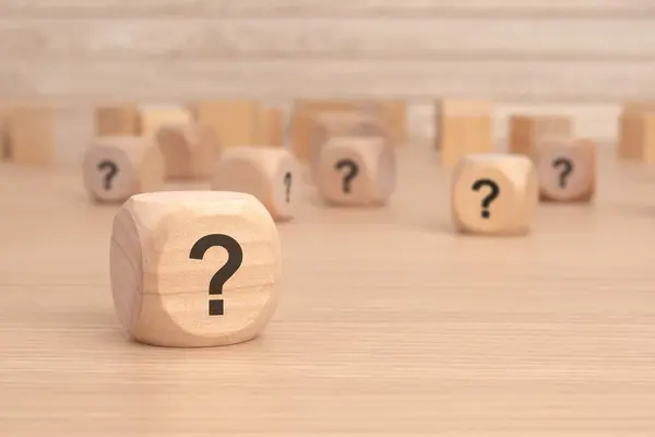 Wooden Cubes Question Mark Engraved Them Front View Closeup Stock Photo