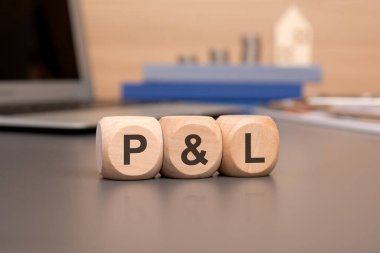 Tahta küplerde P ve L metni, yansıtıcı yüzeyde duran küpler, arka planda bir iş dizüstü bilgisayar, madeni paralar ve model ev var.