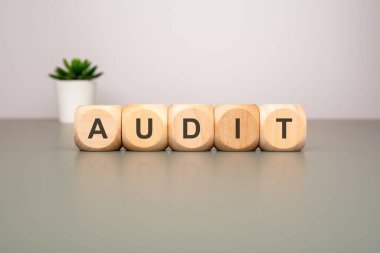 Ahşap bloklar bir fabrikanın önündeki AUDIT 'yi heceliyor, eksiksiz mali denetimi ve denetimi simgeliyor.