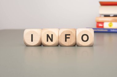 Tahta bloklar INFO kelimesini hecelemek için düzenlenmiş, hepsi bir masanın üzerinde sergilenen renkli kitaplarla çevrelenmiş.