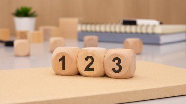 Modern bir çalışma alanında, üç tahta blok zarif bir şekilde 1, 2 ve 3 numaralarını minimalist bir şekilde gösterir.