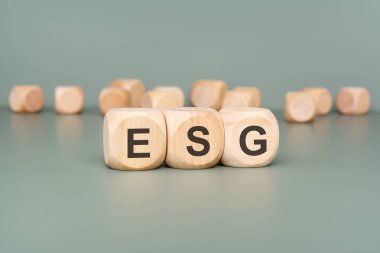 Kurumsal finans, sürdürülebilir yatırım ve etik iş uygulamalarında Çevresel, Sosyal ve Yönetim ilkelerini temsil eden, sessiz yeşil bir yüzeyde 'ESG' harfleriyle tahtadan küpler.