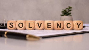 Ödenek maddi istikrar, likidite, risk yönetimi, itibarlılık ve iş güvencesini temsil eden mali evraklar, kalem ve ofis malzemeleriyle bir masanın üzerine yerleştirilmiş ahşap küpleri.