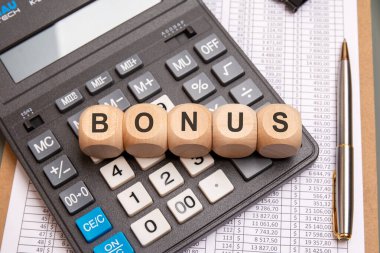 BONUS 'u finansal veriler ve kalemle çevrili bir hesap makinesine yerleştiren tahta küpler, gelir, ödül veya iş ikramiyelerini sembolize ediyor