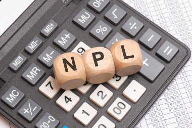 Bir hesap makinesinde NPL Non-Performans Olmayan Krediyle ahşap küplerin yakın plan çekimi. Mali belgeler ve bilanço tabloları, bankacılık ve kredi risk kavramlarını sembolize ederek görünür