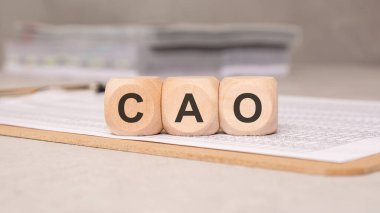Tahta blokların yakın plan çizelgesinde CAO 'nun (Baş Muhasebe Memuru) kısaltmasını gösteriyor. Arkaplanda bulanık klasörler ve bir pano var. Şirket finansmanı için kavramsal görüntü.
