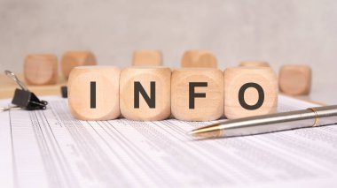 Kalem ve klasör klipsiyle basılı belgelerde INFO sözcüğünü oluşturan tahta bloklar. Verilerin, iş raporlarının, analizlerin, bilginin veya kurumsal iletişimin sembolü