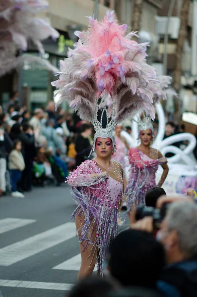 Februar 2022 Torrevieja Spanien Schöne Frauen Aufwändigen Rosafarbenen Karnevalskostümen Mit — Stockfoto