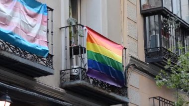 Canlı LGBTQ + Gurur Bayrakları Kentsel Apartman Cephesinde Asılı, Çeşitliliği ve İçeriği Sembolize Ediyor