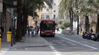 Güneşli bir günde kırmızı şehir otobüsü, palmiye ağaçları ve yayalarla dolu bir sokak sahnesi.