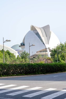 Valencia 'nın yeşillik ve şehir caddelerinden yükselen Palau de les Arts' ın çarpıcı fütüristik binası, seyahat ve şehir mimarisi kavramları için mükemmel..