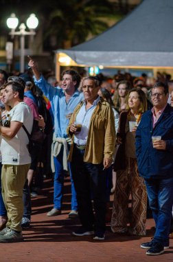 Yetişkinlerden oluşan çeşitli bir grup gece açık hava şenliklerine katılıyor. İçkilerle ve heyecanlı ifadelerle sosyalleşiyorlar. Şehir ışıklarıyla aydınlanan hareketli bir sokak ortamında..