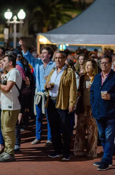 Yetişkinlerden oluşan çeşitli bir grup gece açık hava şenliklerine katılıyor. İçkilerle ve heyecanlı ifadelerle sosyalleşiyorlar. Şehir ışıklarıyla aydınlanan hareketli bir sokak ortamında..