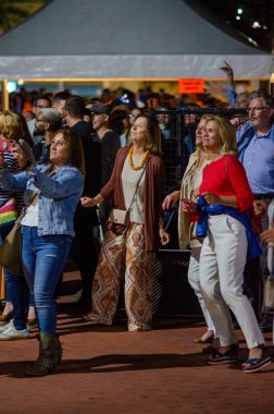 Bir grup yetişkin gece canlı açık hava müzik festivalinde eğleniyor ve fotoğraf çekiyor. Neşeli atmosferi yakalıyor ve kalabalığın ilgisini çekiyor..