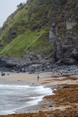 Sahilde engebeli uçurumlar ve yosun kaplı bir plajda gezinen iki insan görülüyor. Sakin doğa sahnesi, seyahat ve açık hava temaları için mükemmel..
