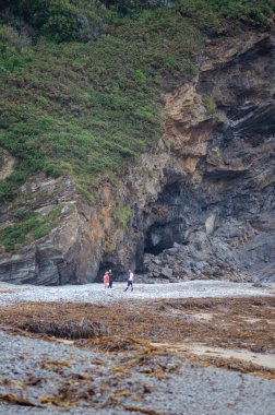 Üç kişi, vahşi yeşillik ve doğal kaya oluşumlarıyla çevrili dramatik uçurumların dibinde manzaralı bir çakıl taşı plajını keşfediyor. Doğa ve macera temaları için mükemmel..