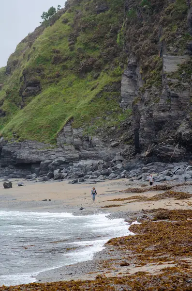 Sahilde engebeli uçurumlar ve yosun kaplı bir plajda gezinen iki insan görülüyor. Sakin doğa sahnesi, seyahat ve açık hava temaları için mükemmel..