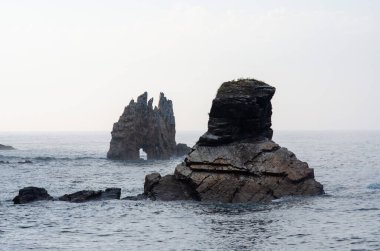 Huzurlu okyanustan yükselen manzaralı kıyı kayaları hafif bir sis altında, barışçıl ve gizemli bir atmosfer yaratıyor; seyahat ve doğa kavramları için ideal..