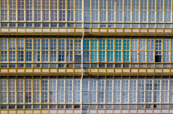 Büyük şebeke pencereleri ve çarpıcı bir dikey çatlağın yer aldığı, mimari dokuyu ve kentsel bozulmayı temsil eden eski bir kentsel binanın ayrıntılı görüntüsü.